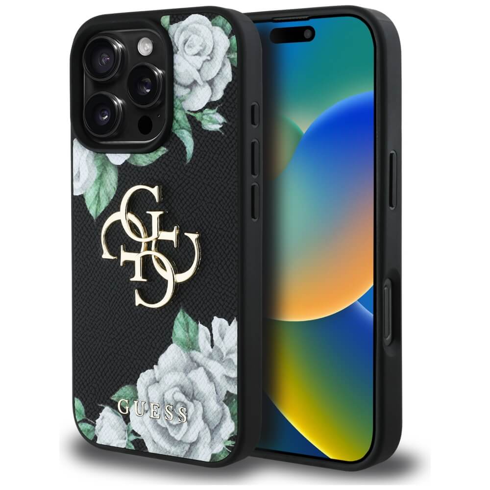 Guess iPhone 16 Pro Max - Grained Roses Big 4G Logo - Σκληρή Θήκη με Επένδυση από Οικολογικό Δέρμα - Black - GUHCP16XPGROP4MK