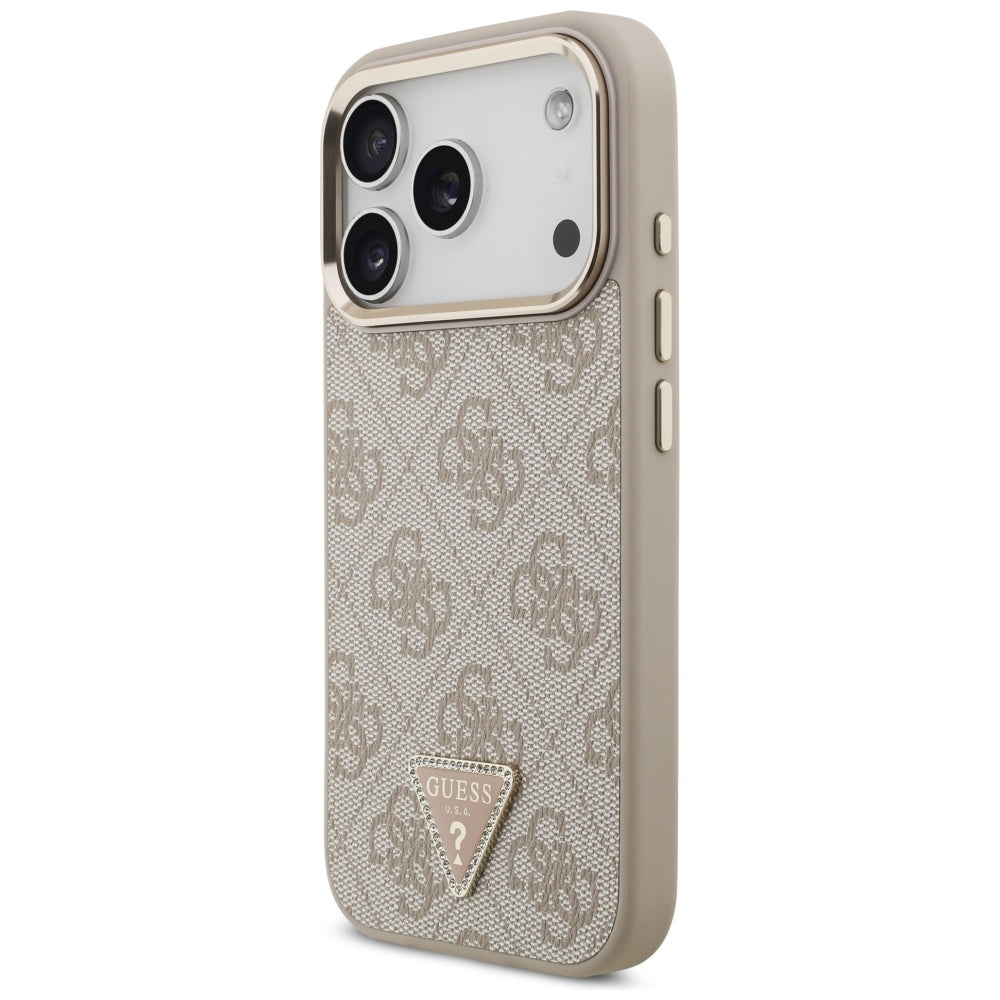 Guess iPhone 17 Pro - 4G Triangle Strass Logo MagSafe - Σκληρή Θήκη με Επένδυση Συνθετικού Δέρματος - Pink / Gold - GUHMP17LP4GTDGMP