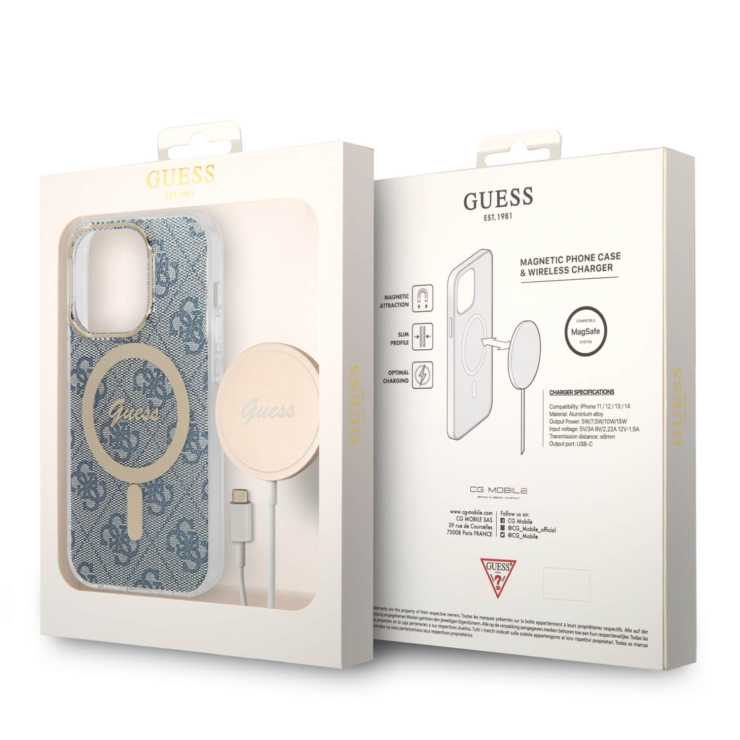 Guess iPhone 14 Pro Max - Bundle Pack MagSafe - Σετ Σκληρή Θήκη με Πλαίσιο Σιλικόνης και Ασύρματος Φορτιστής MagSafe - Design 4G and Gold - Blue - GUBPP14XH4EACSB