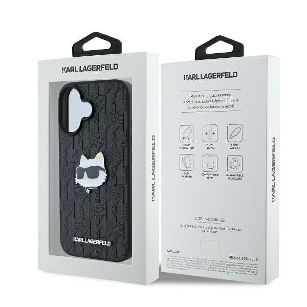 Karl Lagerfeld iPhone 16 - Monogram Choupette Head Pin Σκληρή Θήκη με Επένδυση Συνθετικού Δέρματος - Black - KLHCP16SPGKLCHPK