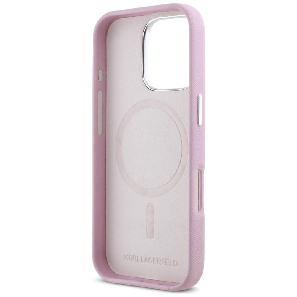 Karl Lagerfeld iPhone 16 Pro Max - Saffiano Full Wrapped Elongated Metal Logo - MagSafe Σκληρή Θήκη με Επένδυση Συνθετικού Δέρματος και Πλαίσιο Σιλικόνης - Pink - KLHMP16XPSAFWMCP