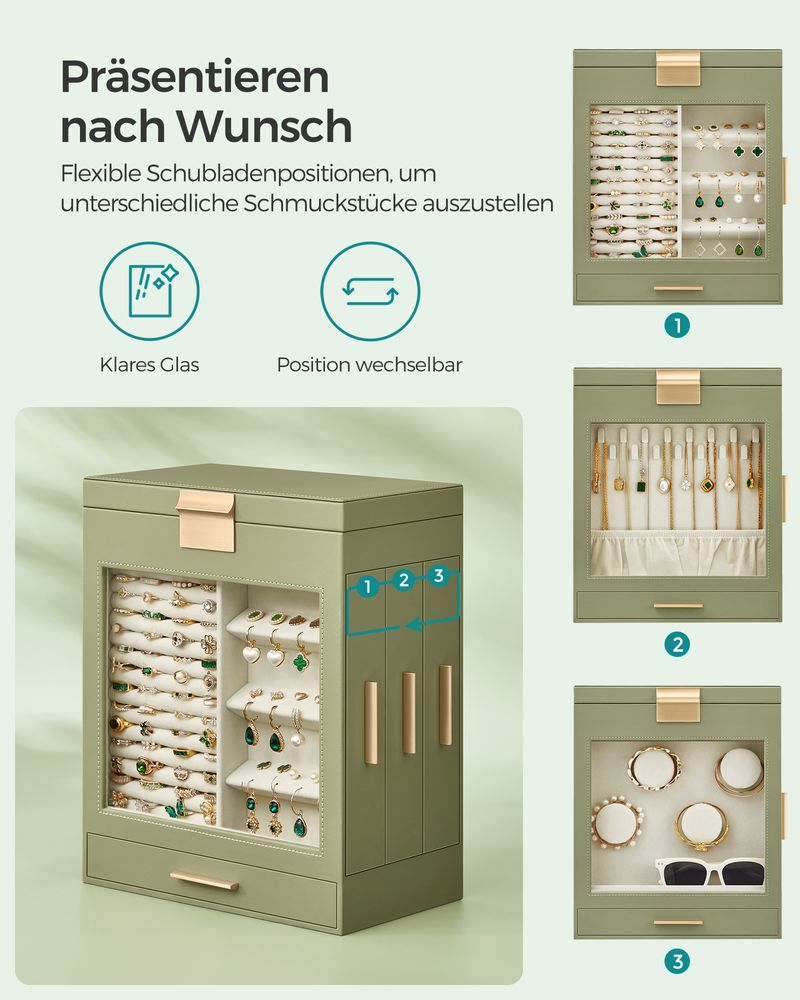 Songmics Κουτί Αποθήκευσης Κοσμημάτων με Καθρέπτη - Laurel Green / Metallic Gold - JBC162C02