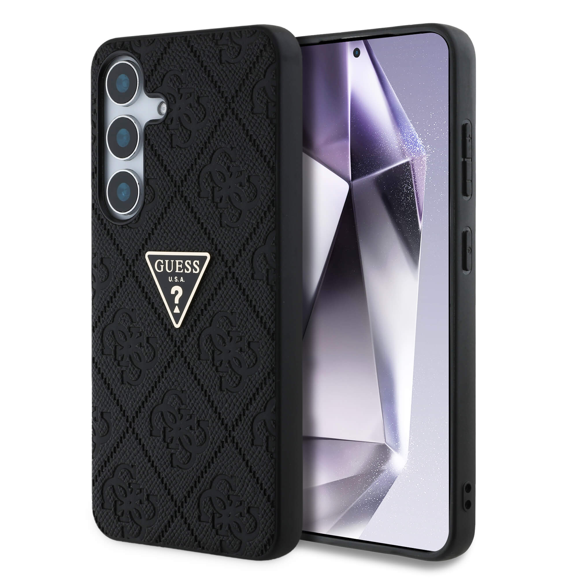 Guess Samsung Galaxy S25 - Hot Stamp 4G Pattern Triangle Metal Logo - Θήκη με Επένδυση Συνθετικού Δέρματος και Πλαίσιο Σιλικόνης - Black - GUHCS25SPGP4STRK