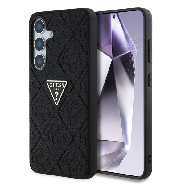 Guess Samsung Galaxy S25 - Hot Stamp 4G Pattern Triangle Metal Logo - Θήκη με Επένδυση Συνθετικού Δέρματος και Πλαίσιο Σιλικόνης - Black - GUHCS25SPGP4STRK