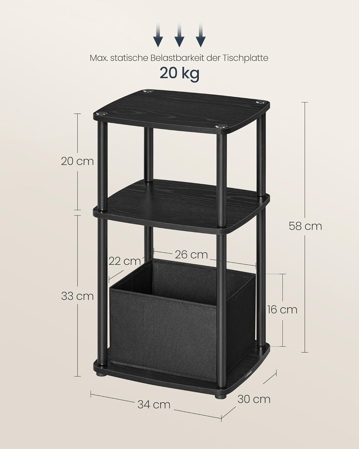 Songmics Βοηθητικό Τραπέζι με Υφασμάτινο Καλάθι - 30 x 34 x 58 cm - Ebony Black - LET286B01