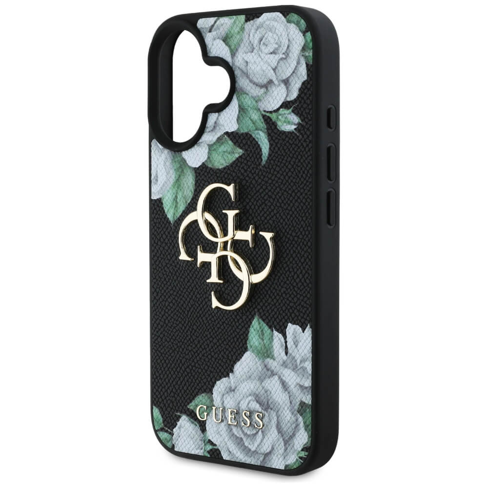 Guess iPhone 16 - Grained Roses Big 4G Logo - Σκληρή Θήκη με Επένδυση από Οικολογικό Δέρμα - Black - GUHCP16SPGROP4MK