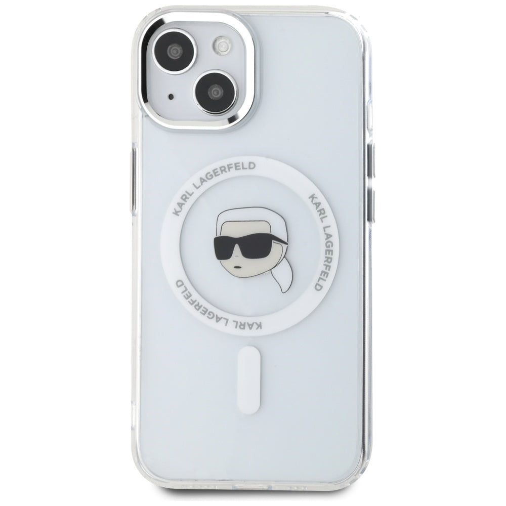 Karl Lagerfeld iPhone 15 Plus - IML Metal Karl Head - MagSafe Σκληρή Θήκη με Πλαίσιο Σιλικόνης - White - KLHMP15MHLSKIH