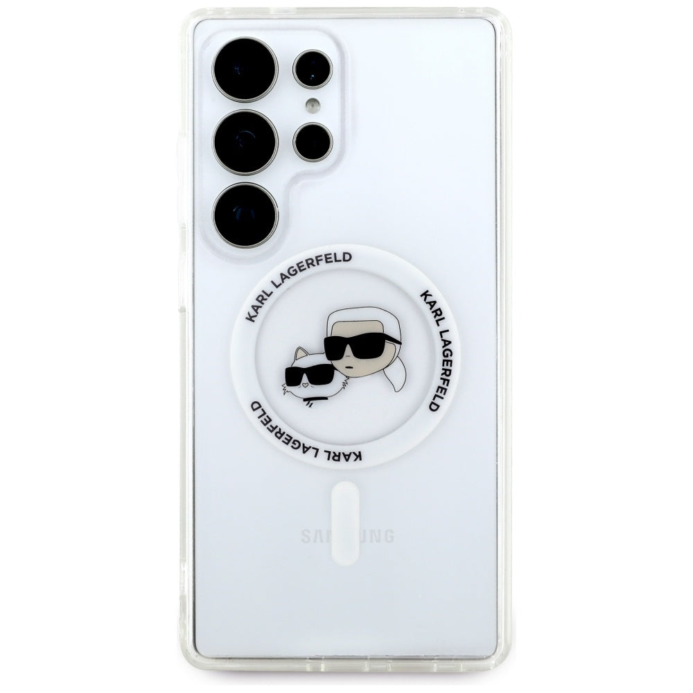 Karl Lagerfeld Samsung Galaxy S25 Ultra - Button Karl and Choupette Heads Printed Logo - MagSafe Σκληρή Θήκη με Πλαίσιο Σιλικόνης - White - KLHMS25LHLSKCH