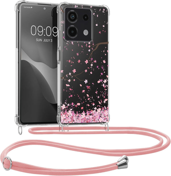 KW Xiaomi Redmi Note 13 4G Θήκη Σιλικόνης TPU με Λουράκι - Design Cherry Blossom Leaves - Pink / Dark Brown / Διάφανη