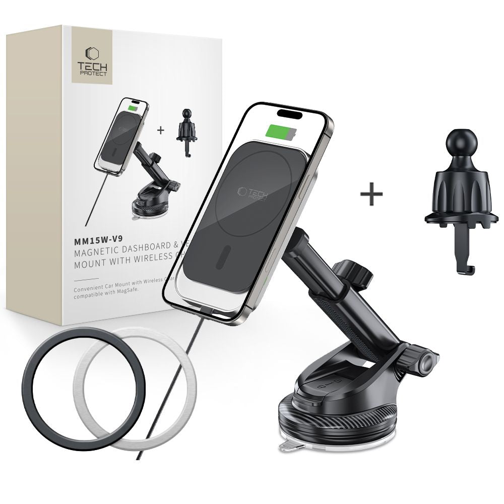 Tech-Protect MM15W-V9 Μαγνητική Βάση για το Ταμπλό και τον Αεραγωγό του Αυτοκινήτου με Ασύρματη Φόρτιση MagSafe 15W - Black