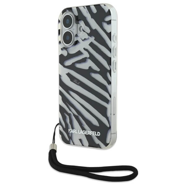 Karl Lagerfeld iPhone 16 - IML Zebra Pattern and Cord - Σκληρή Θήκη με Πλαίσιο Σιλικόνης και Λουράκι - Black - KLHCP16SHZBPKCCK