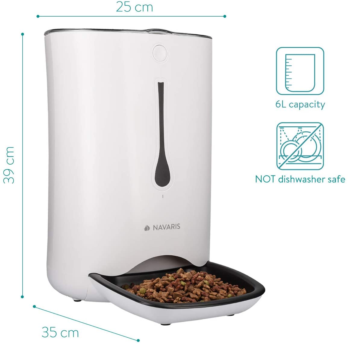 Navaris Automatic Pet Food Dispenser - Αυτόματη Ταΐστρα Φαγητού με Χρονοδιακόπτη για Κατοικίδιο - 6L - White - 44769.05