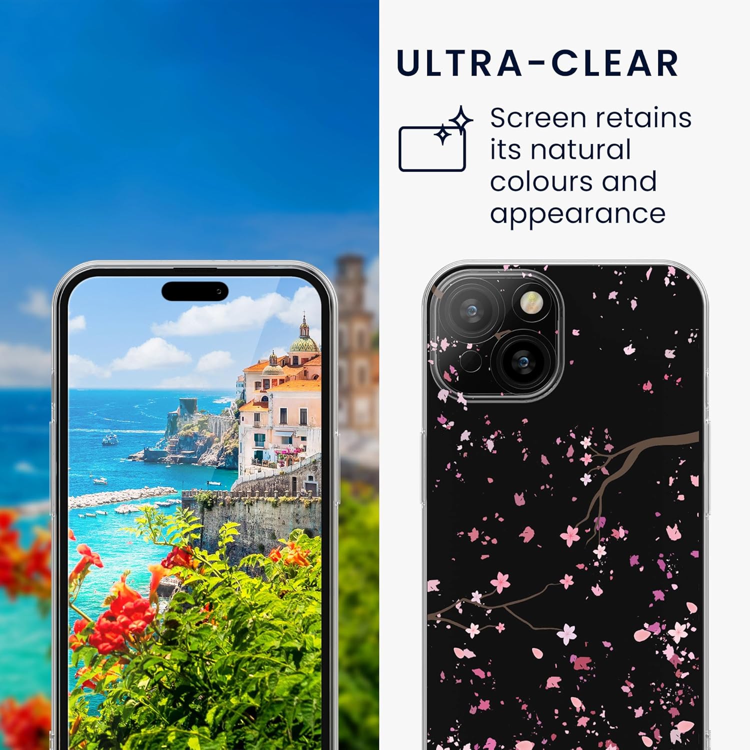 KW iPhone 15 Θήκη Σιλικόνης TPU με Αντιχαρακτικό Γυαλί - Design Cherry Blossom Petals - Pink / Dark Brown / Διάφανη