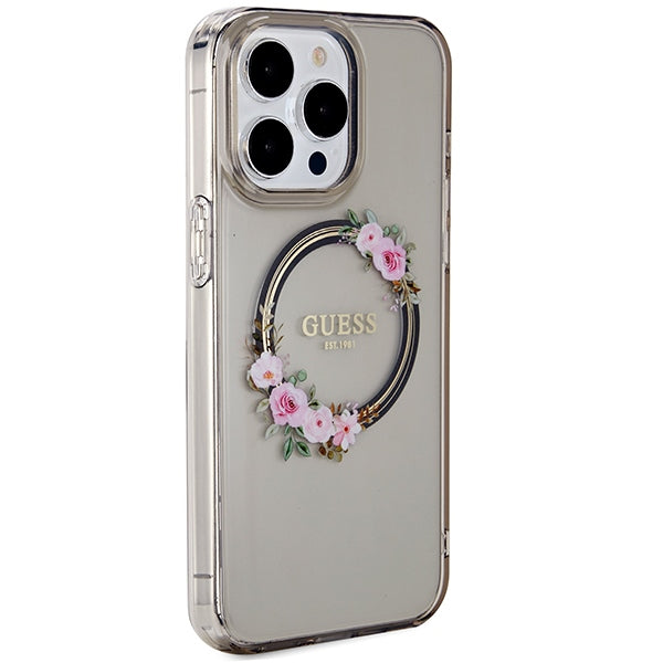 Guess iPhone 15 Pro Max IML Flowers Wreatch MagSafe Σκληρή Θήκη με Πλαίσιο Σιλικόνης και MagSafe - Black - GUHMP15XHFWFCK