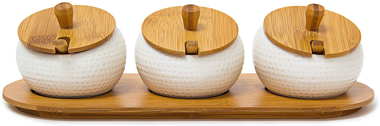 Relaxdays Σετ με 3 Κεραμικά Δοχεία Αποθήκευσης JIAO με Βάση και Καπάκια από Μπαμπού - White / Natural - 4052025191337