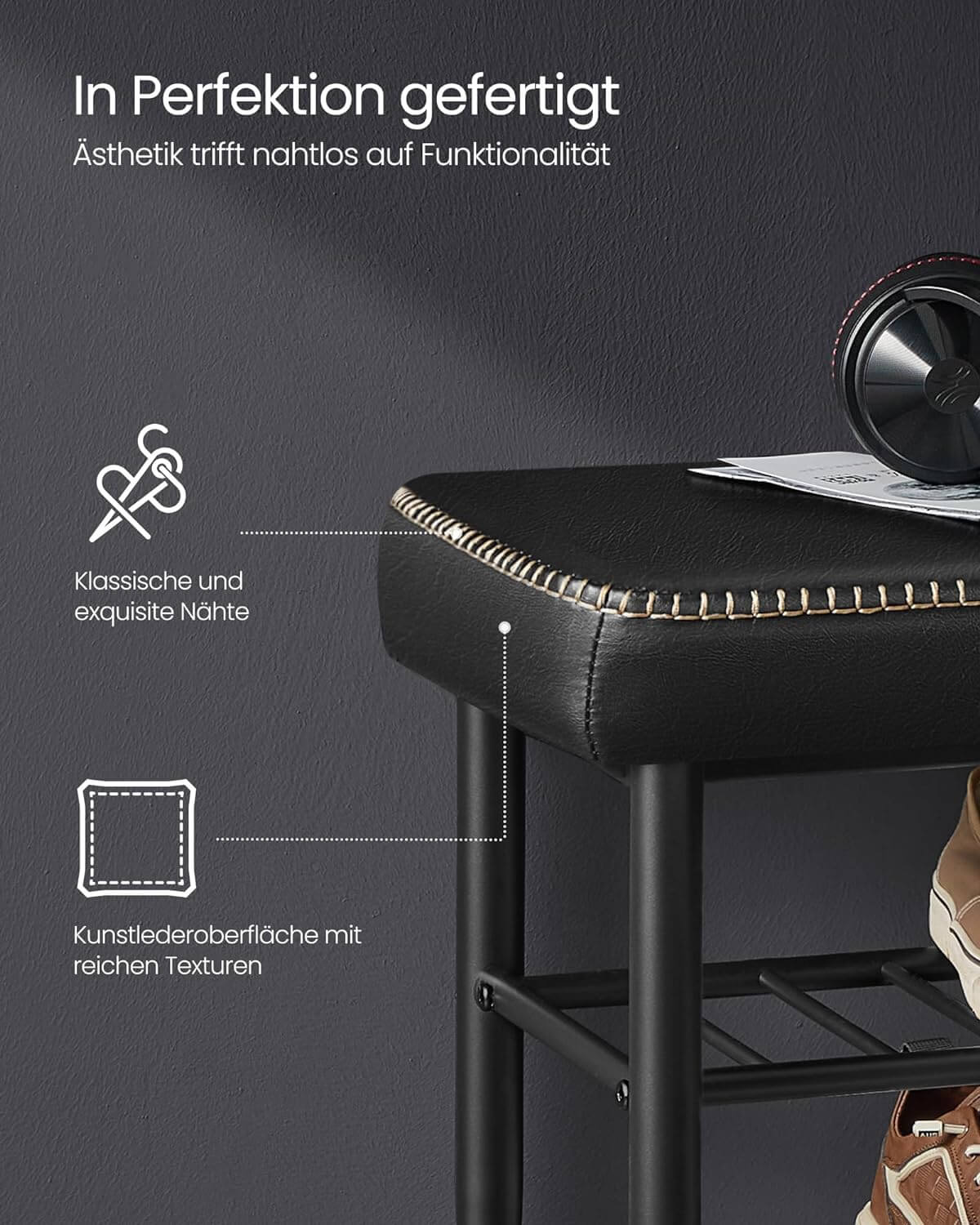 Vasagle EKHO Πάγκος / Σκαμπό με Κάθισμα από Συνθετικό δέρμα και 2 Ράφια - 30 x 80 x 50 cm - Ink Black - LSB054B01