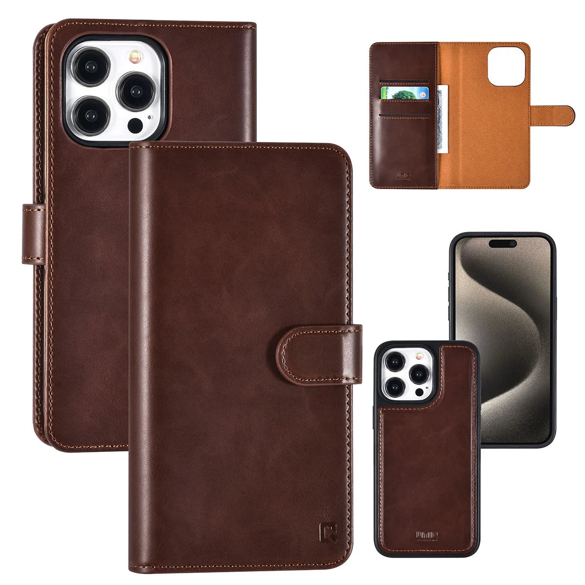 Tuniq iPhone 15 Pro Max - 2 σε 1 - Θήκη Πορτοφόλι από Δερματίνη με Αποσπώμενη Θήκη - Καφέ