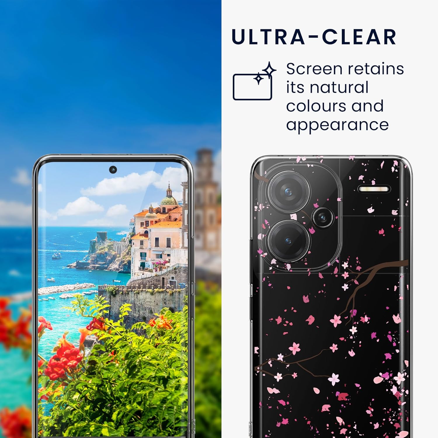 KW Xiaomi Redmi Note 13 Pro+ 5G Θήκη Σιλικόνης TPU με Αντιχαρακτικό Γυαλί - Design Cherry Blossoms Petals - Pink / Dark Brown / Διάφανη