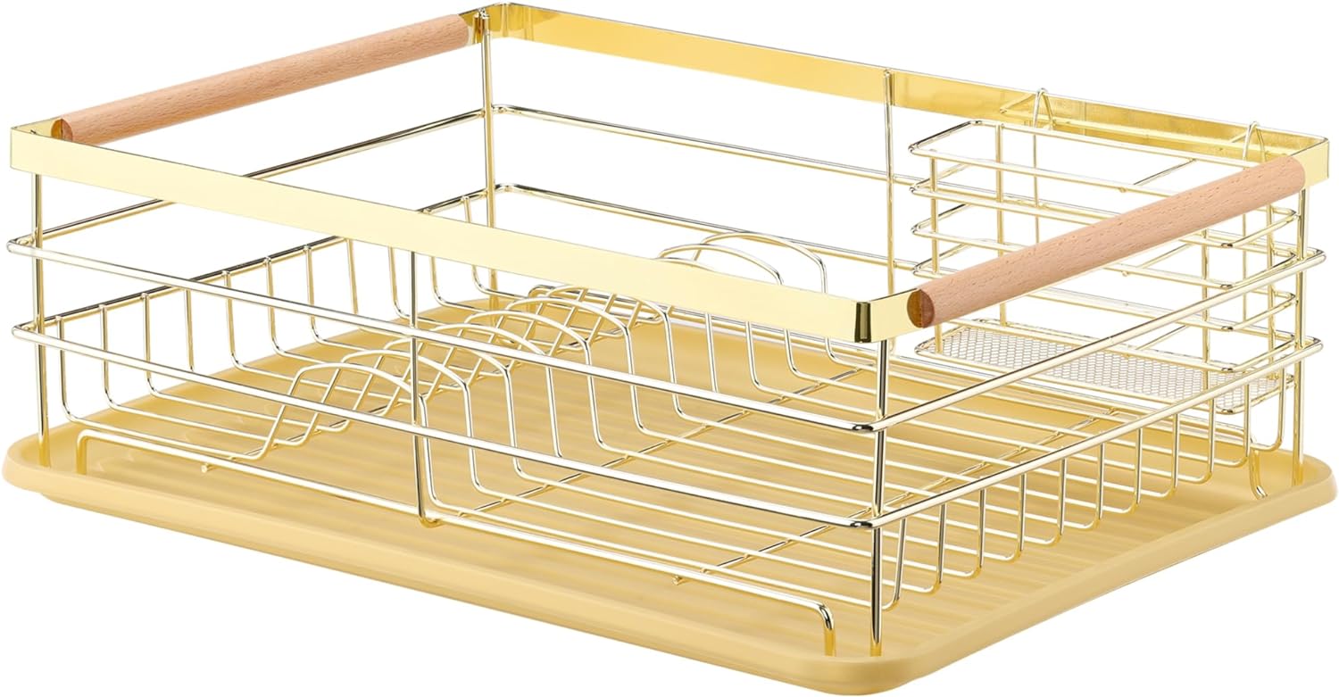 Navaris Σιδερένιο Στεγνωτήριο Πιάτων - Μαχαιροπίρουνων με Ξύλινες Λαβές και Πλαστικό Δίσκο - Gold - 52545.04