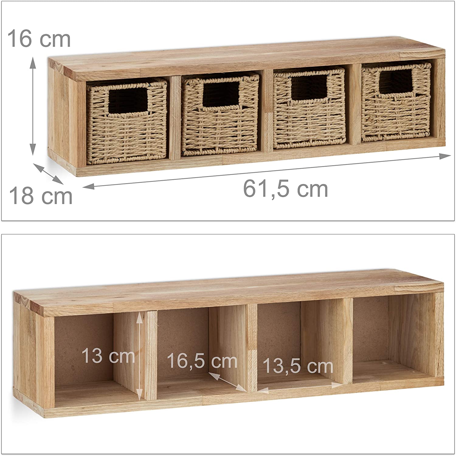 Relaxdays Ράφι Τοίχου με 4 Αφαιρούμενα Καλαθάκια - 61,5 x 18 x 16 cm - Natural - 4052025971540