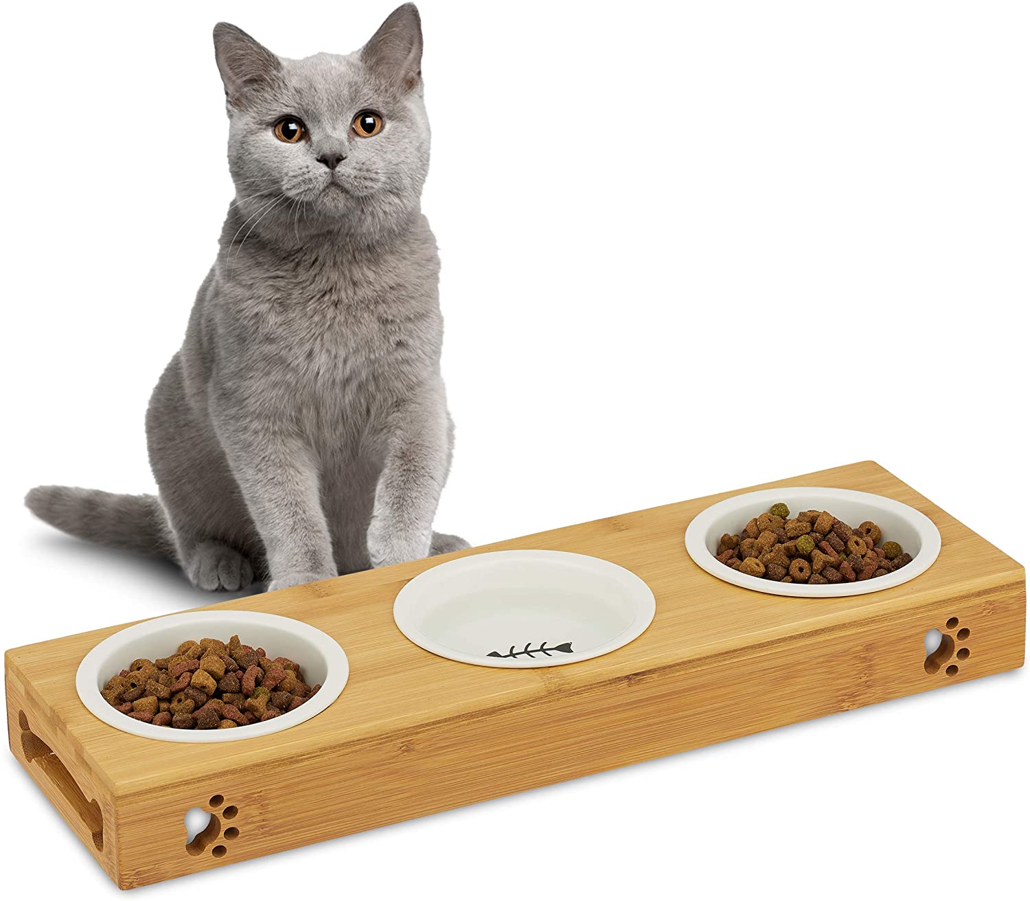 Relaxdays Σετ με 3 Κεραμικά Μπολ σε Βάση από Μπαμπού για Κατοικίδια - 180 ml - Large - Natural - 4052025916107