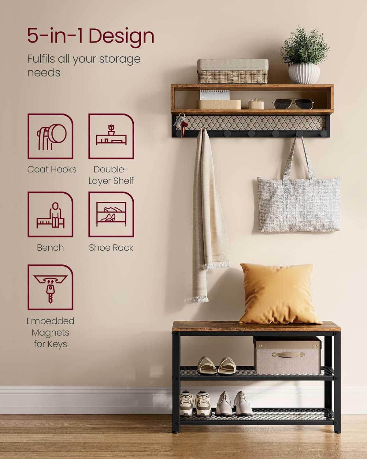 Vasagle Σετ με Επιτοίχια Κρεμάστρα και Παπουτσοθήκη με 2 Ράφια και Κάθισμα - Rustic Brown - LCR073K01