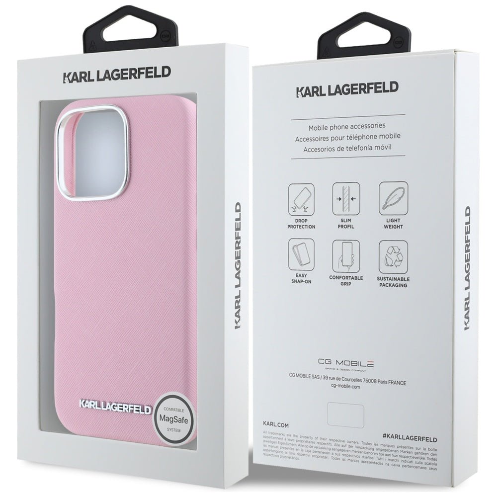 Karl Lagerfeld iPhone 16 Pro - Saffiano Full Wrapped Elongated Metal Logo - MagSafe Σκληρή Θήκη με Επένδυση Συνθετικού Δέρματος και Πλαίσιο Σιλικόνης - Pink - KLHMP16LPSAFWMCP