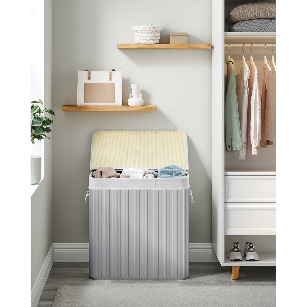 Songmics Καλάθι Απλύτων από Μπαμπού με 3 Διαμερίσματα - 150L - Grey - LCB091G01