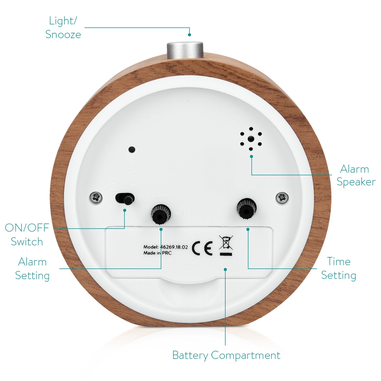 Navaris Analogue Wood Alarm Clock Design Arctic Snowflake - Αναλογικό Επιτραπέζιο Ρολόι και Ξυπνητήρι - Dark Brown - 46269.18.02