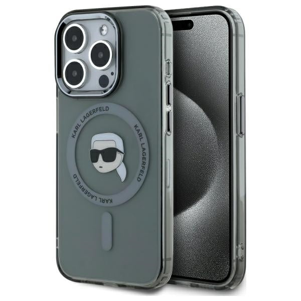 Karl Lagerfeld iPhone 15 Pro Max - IML Metal Karl Head - MagSafe Σκληρή Θήκη με Πλαίσιο Σιλικόνης - Black - KLHMP15XHLSKIK