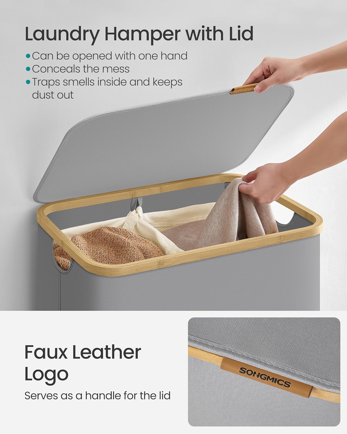 Songmics Καλάθι Απλύτων 2 Διαμερισμάτων με Καπάκι και Αποσπώμενη Εσωτερική Θήκη - 130L - Dove Grey - LCB513G01