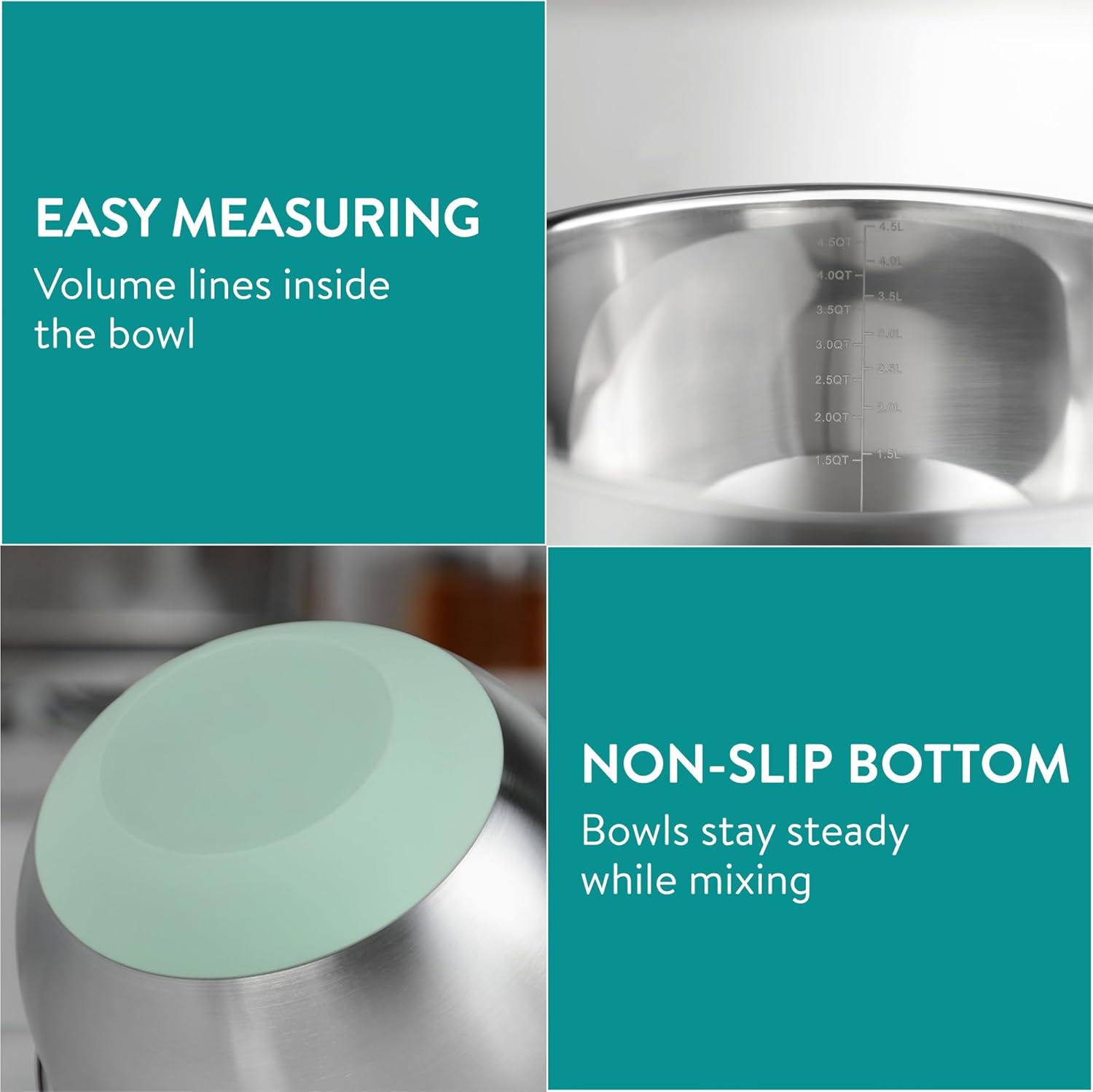 Navaris Σετ με 3 Μπολ Ανάμειξης από Ανοξείδωτο Ατσάλι με καπάκι και 3 Τρίφτες - Mint Green