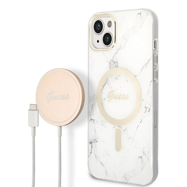 Guess iPhone 15 Plus / 14 Plus - Bundle Pack - Σετ Σκληρή Θήκη με Πλαίσιο Σιλικόνης και Ασύρματος Φορτιστής MagSafe - Design Marble MagSafe - White - GUBPP14MHMEACSH