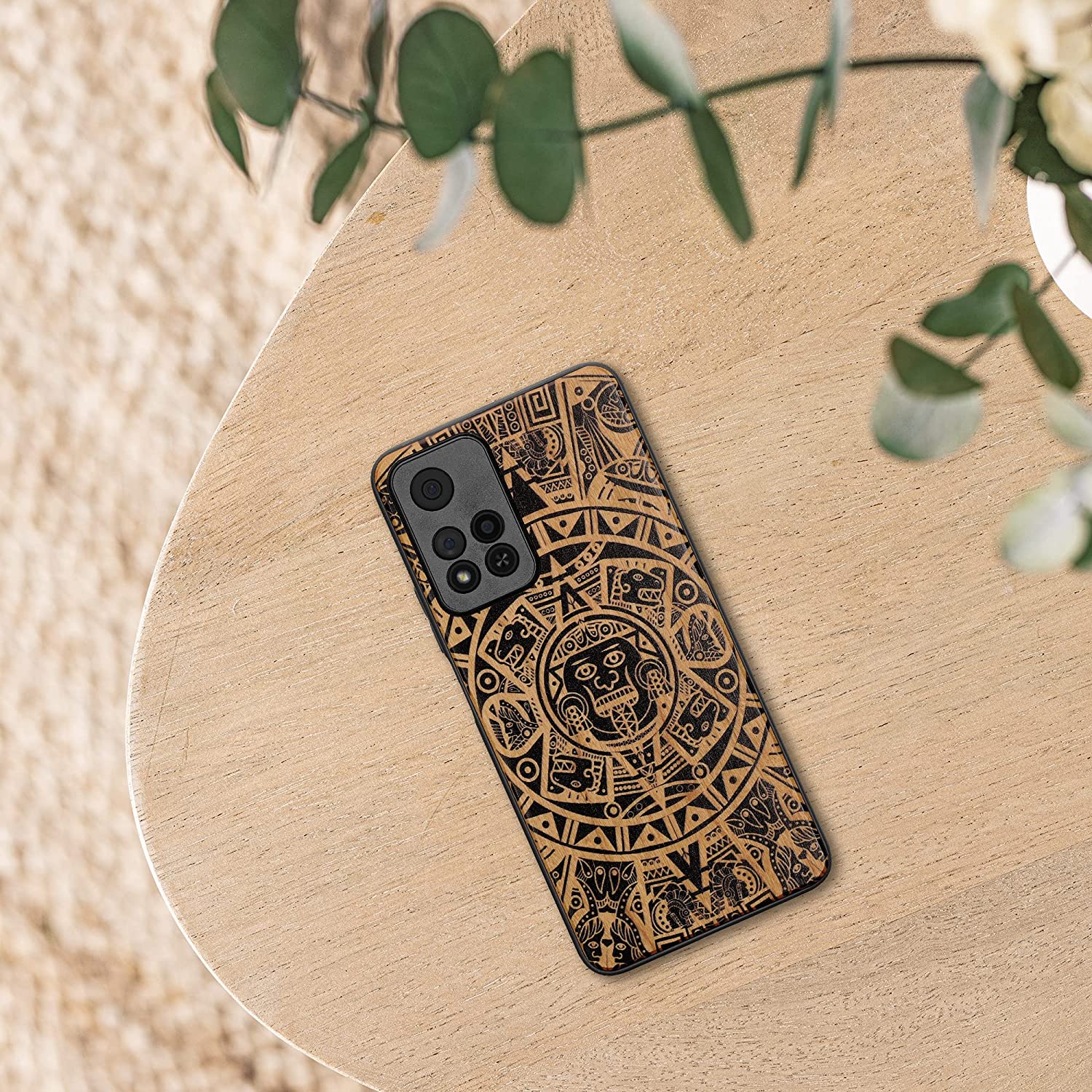 KW Xiaomi Redmi Note 11 Pro+ 5G Θήκη από Φυσικό Ξύλο - Design Maya Calendar Art - Light Brown / Black - 58100.02
