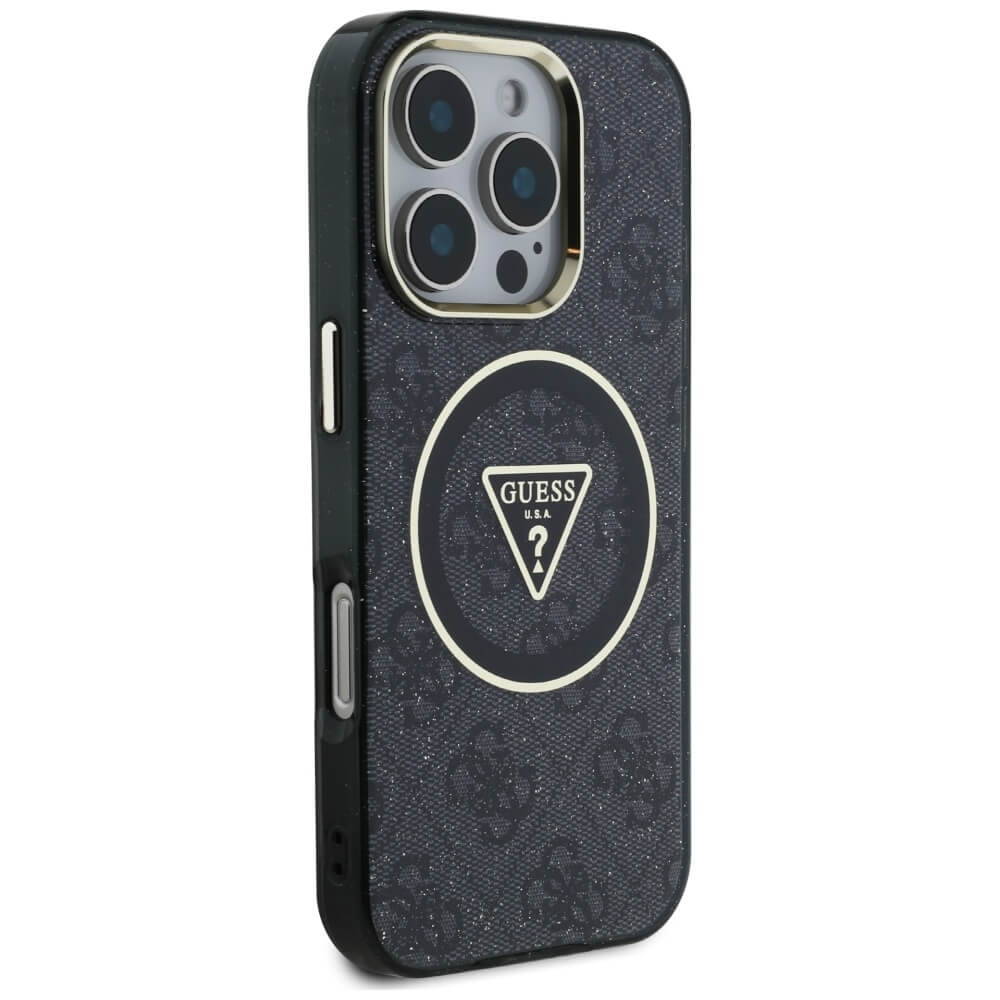 Guess iPhone 16 Pro - IML Metal Glitter 4G Circle Triangle MagSafe - Σκληρή Θήκη με Πλαίσιο Σιλικόνης και MagSafe - Black - GUHMP16LHG4PRTGK