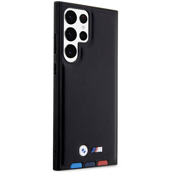 BMW Samsung Galaxy S23 Ultra Leather Stamp Tricolor Σκληρή Θήκη με Πλαίσιο Σιλικόνης - Black