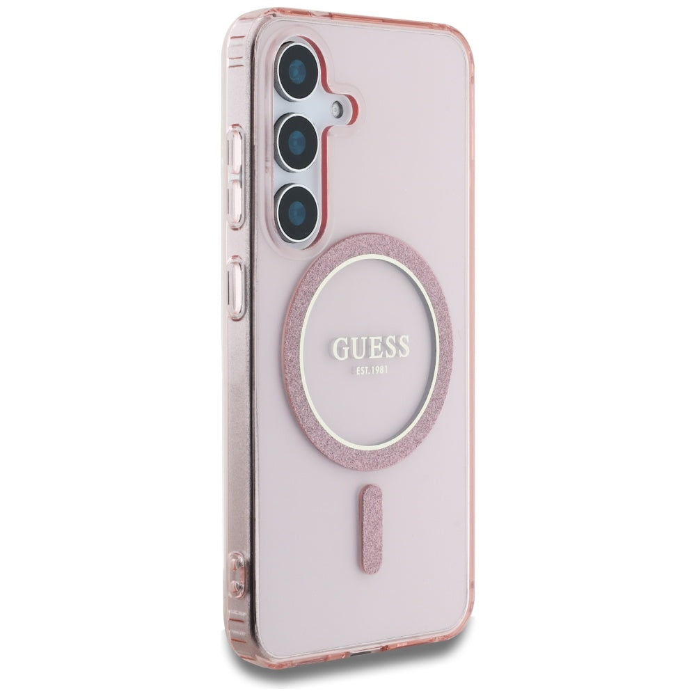Guess Samsung Galaxy S25 - Glitter Circle Classic Logo - MagSafe Σκληρή Θήκη με Πλαίσιο Σιλικόνης - Pink - GUHMS25SHFGEREP
