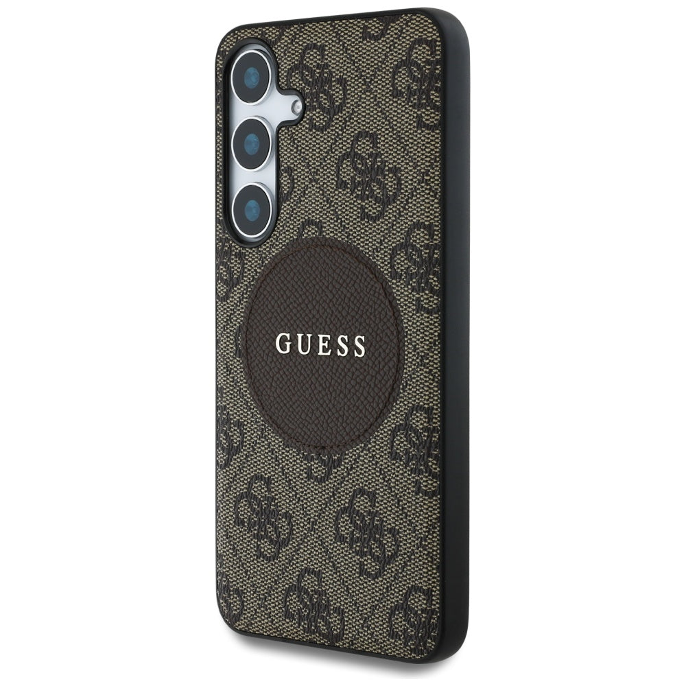 Guess Samsung Galaxy S25 - 4G Round Patch Classic Logo - Θήκη με Επένδυση Συνθετικού Δέρματος και MagSafe - Brown - GUHMS25SP4PGRSGW