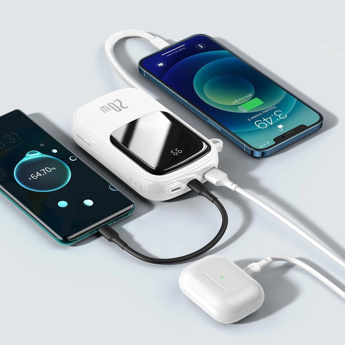 Baseus Qpow Digital 20W Power Bank 20000mAh με 1 Θύρα USB και 1 Θύρα Type-C και Ενσωματωμένο Καλώδιο Lightning - White - PPQD060202