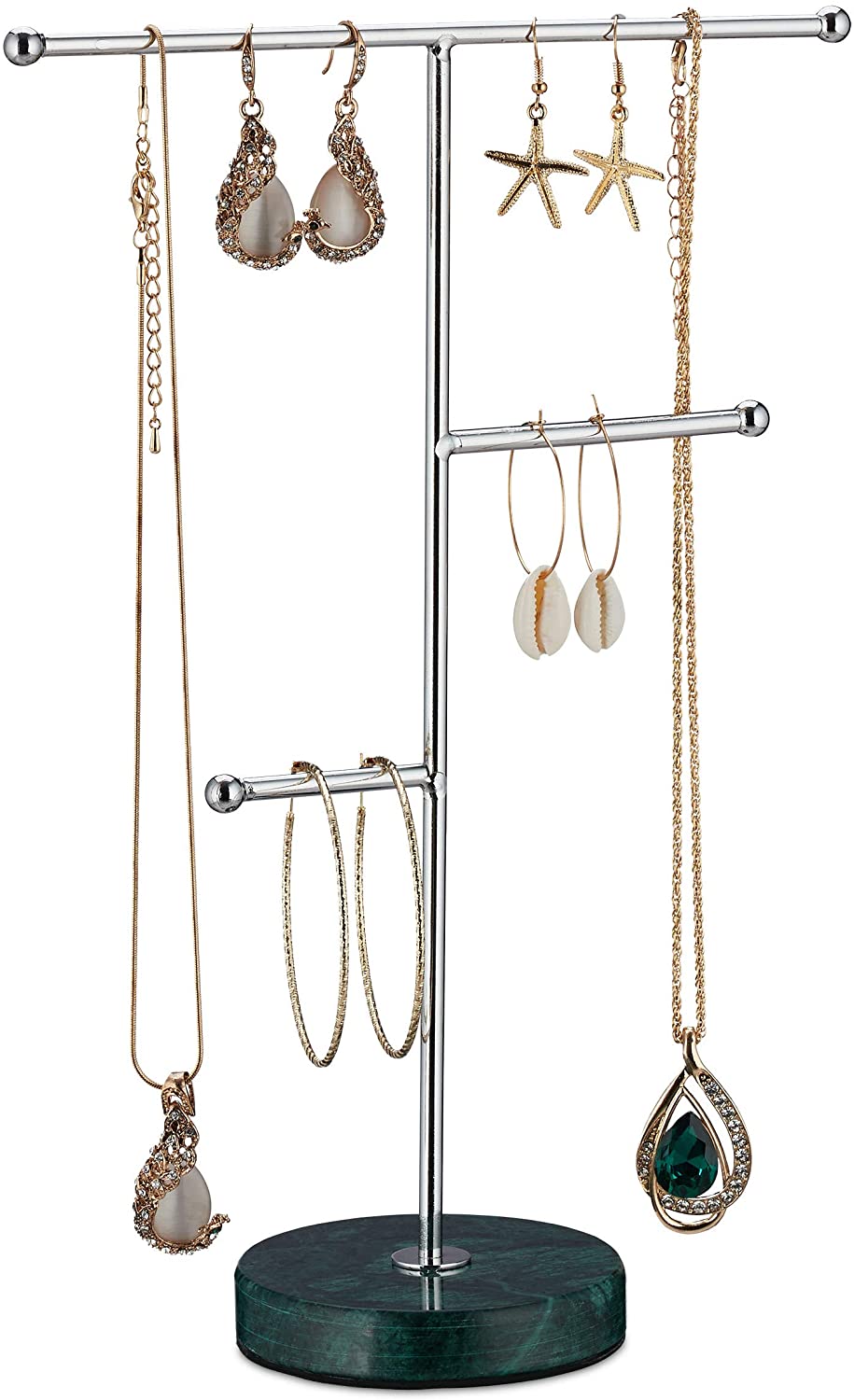 Relaxdays Μεταλλικό Stand Κοσμημάτων με Μαρμάρινη Βάση - Green / Silver - 4052025330170