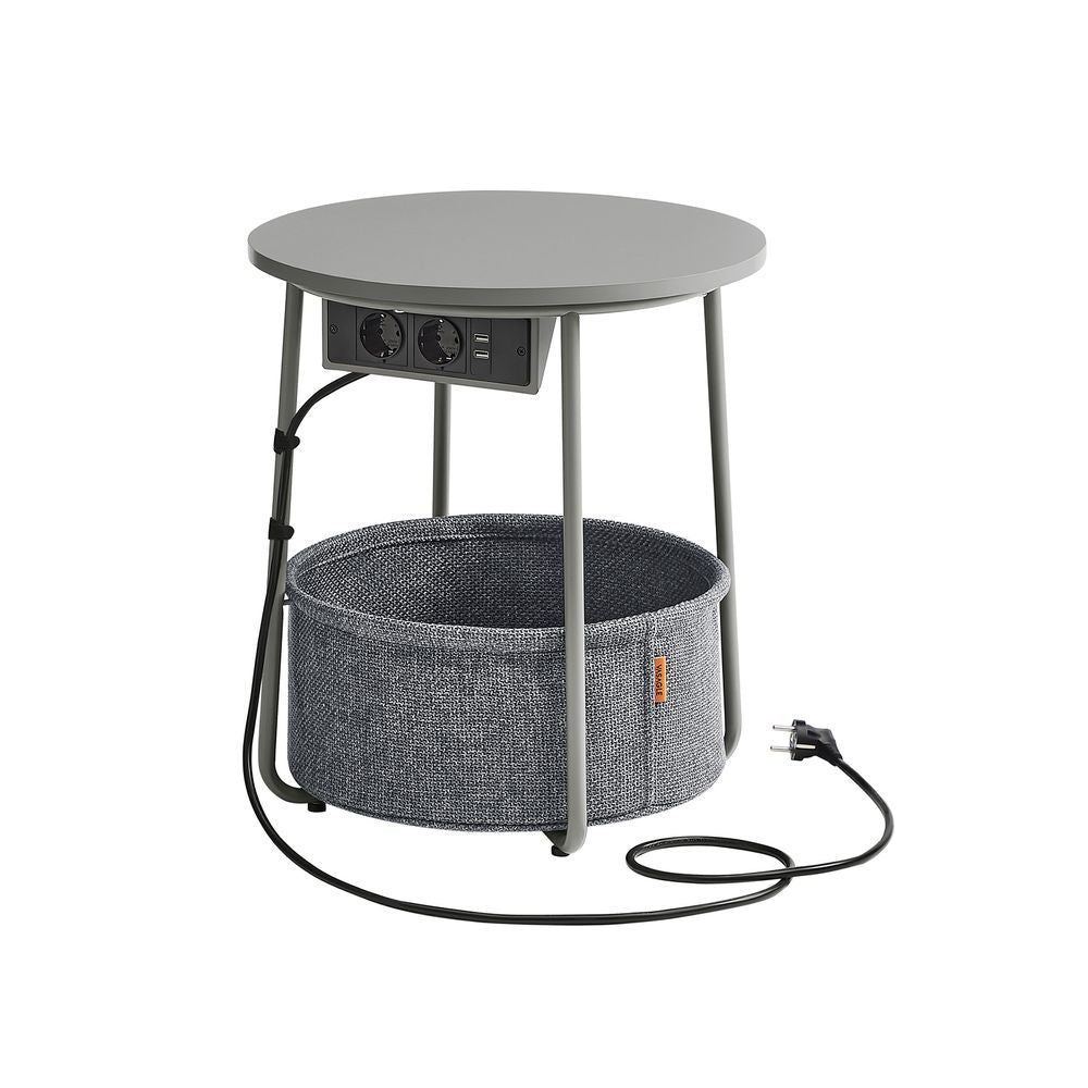 Vasagle Στρόγγυλο Βοηθητικό Τραπέζι με Υφασμάτινο Καλάθι Αποθήκευσης και Ενσωματωμένο Πολύπριζο - Dove Grey / Slate Grey - LET228G02