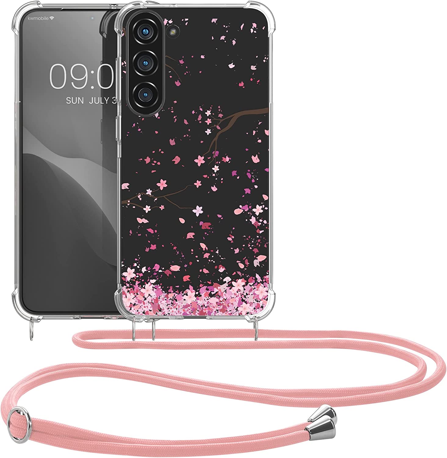 KW Samsung Galaxy S23+ Θήκη Σιλικόνης TPU με Λουράκι Design Cherry Blossoms - Pink / Dark Brown - Διάφανη - 60326.02