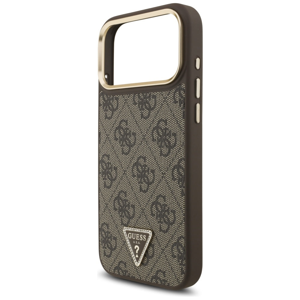Guess iPhone 17 Pro Max - 4G Triangle Strass Logo MagSafe - Σκληρή Θήκη με Επένδυση Συνθετικού Δέρματος - Brown / Gold - GUHMP17XP4GTDGMW