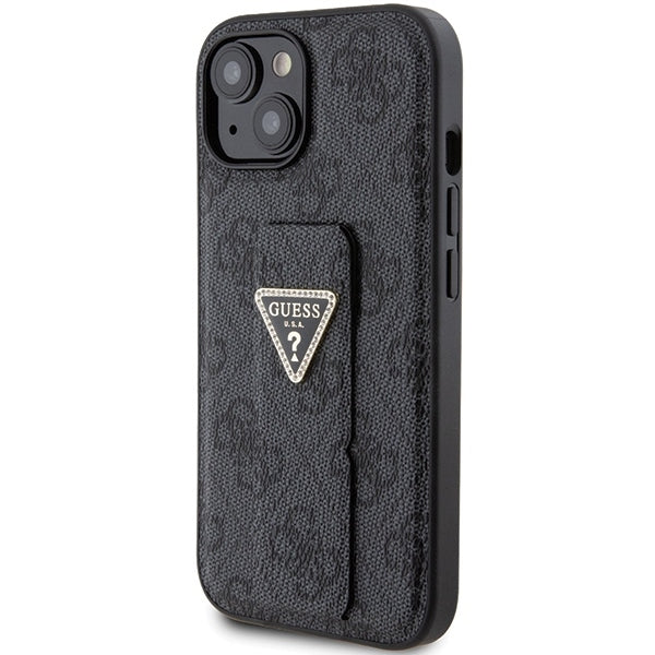 Guess iPhone 15 Grip Stand 4G Triangle Strass Logo Θήκη με Επένδυση Συνθετικού Δέρματος και Stand - Black - GUHCP15SPGS4TDK