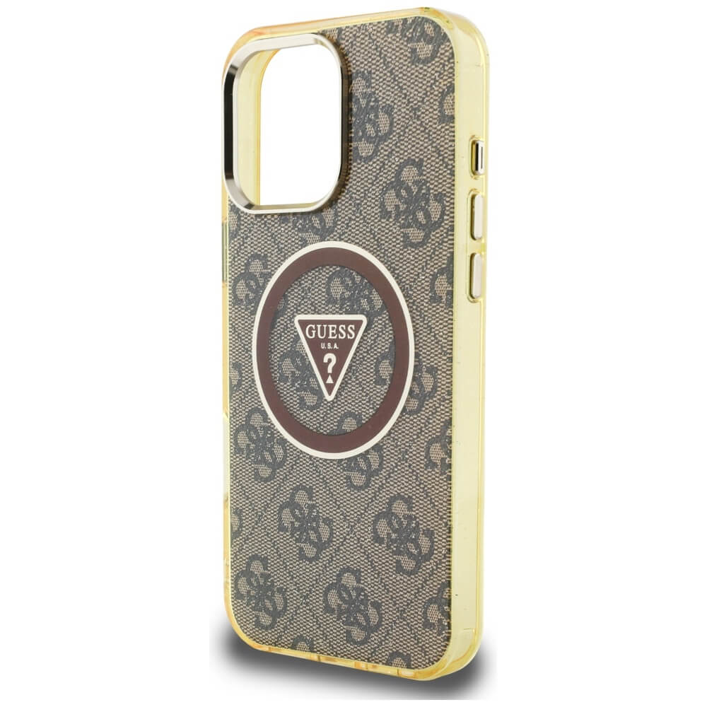 Guess iPhone 16 Pro Max - IML Metal Glitter 4G Circle Triangle MagSafe - Σκληρή Θήκη με Πλαίσιο Σιλικόνης και MagSafe - Brown - GUHMP16XHG4PRTGW