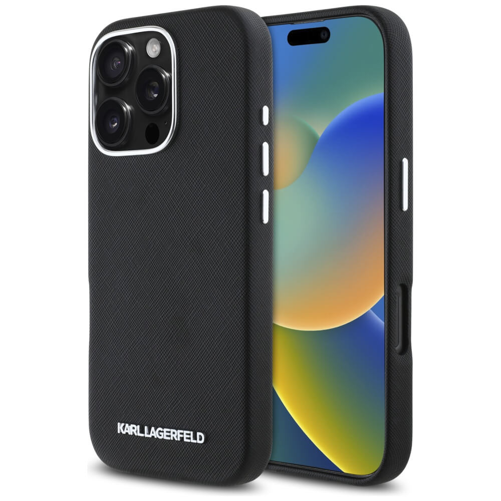 Karl Lagerfeld iPhone 16 Pro - Saffiano Full Wrapped Elongated Metal Logo - MagSafe Σκληρή Θήκη με Επένδυση Συνθετικού Δέρματος και Πλαίσιο Σιλικόνης - Black - KLHMP16LPSAFWMCK
