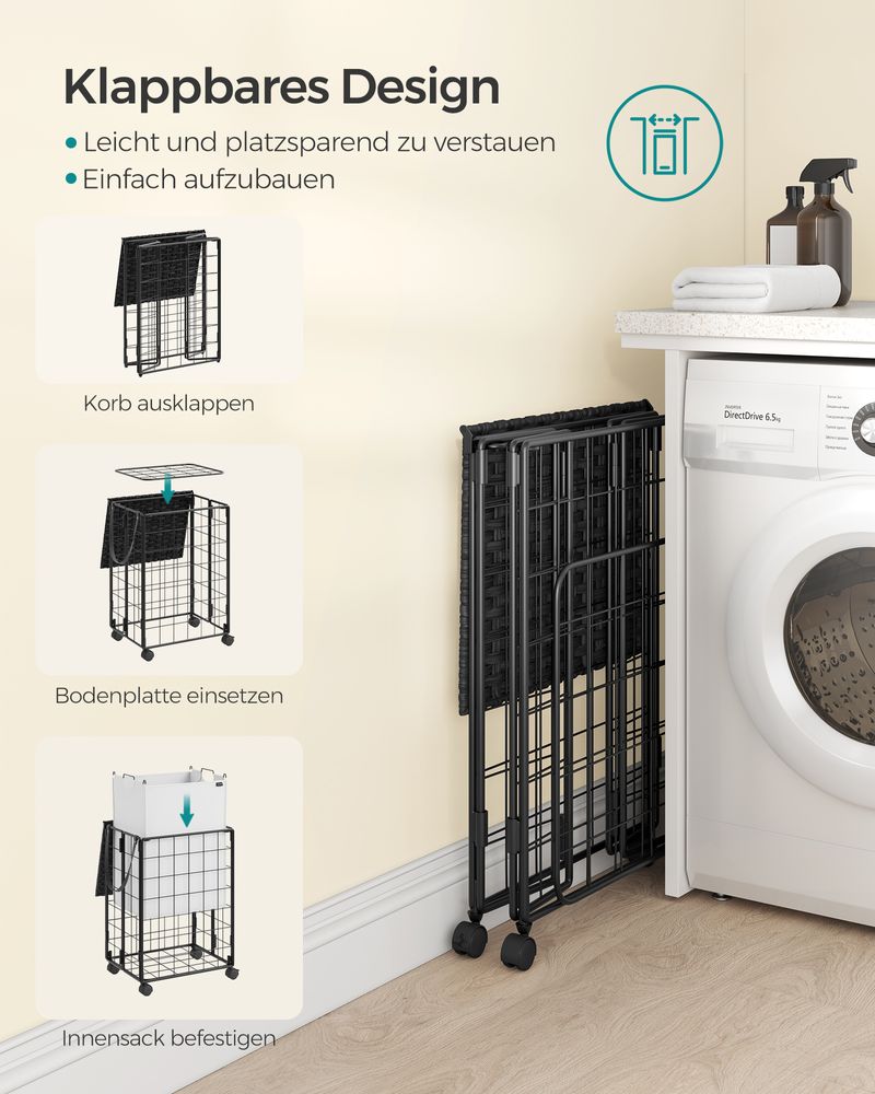 Songmics Τροχήλατο Αναδιπλούμενο Καλάθι Απλύτων με Καπάκι - 90L - Ink Black / Cloud White - LCB290B12