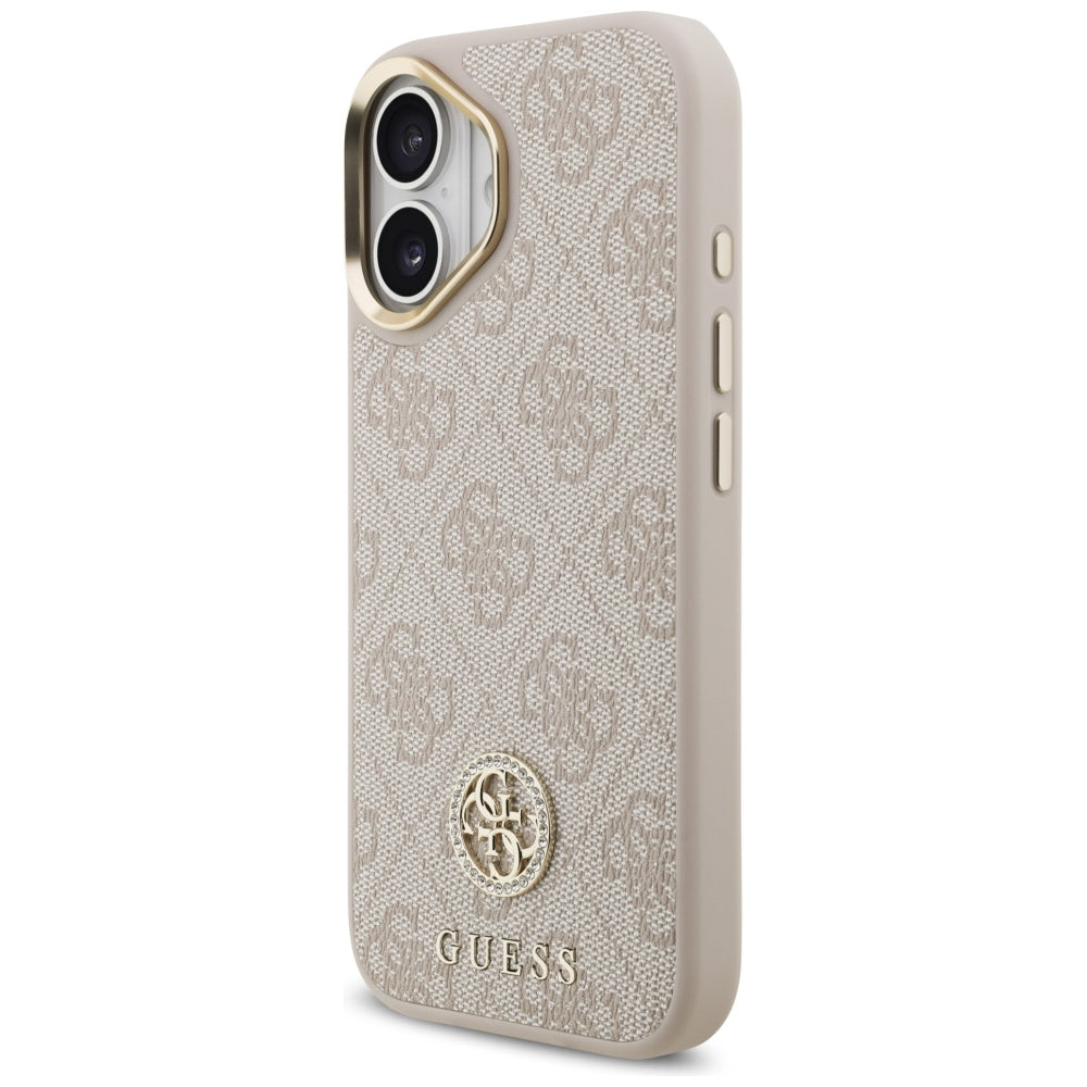 Guess iPhone 17 - 4G Strass Logo and Big Strap Metal Buttons MagSafe - Θήκη με Επένδυση Συνθετικού Δέρματος και Λουράκι - Pink - GUHMP17SP4G4DCSP