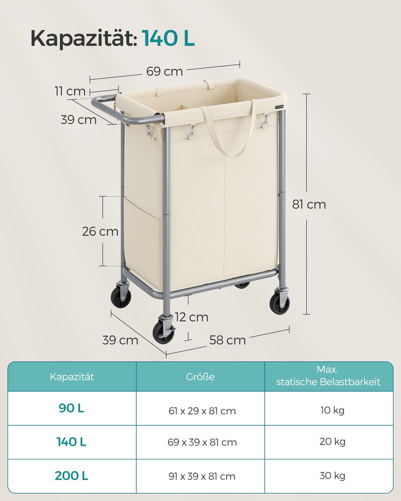 Songmics Τροχήλατο Καλάθι Απλύτων με 2 Χωρίσματα - 140L - Cream White - RLS004W01