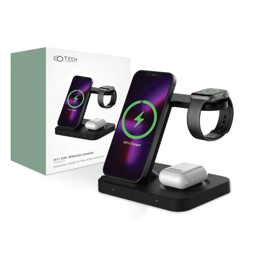 Tech-Protect A11 3in1 Ασύρματος Φορτιστής Qi Charge για Smartphones, Airpods και Apple Watch 15W - Black